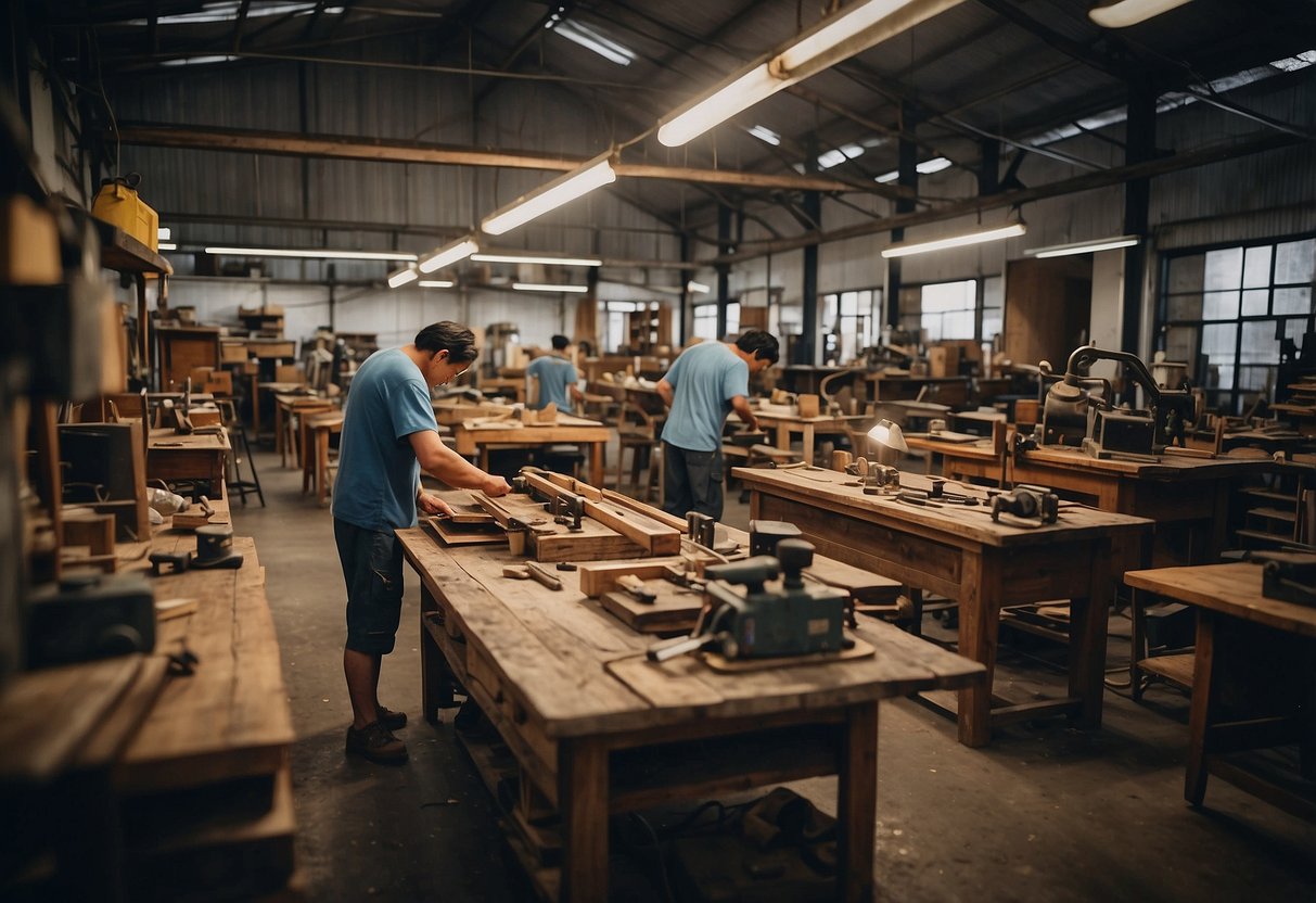 A busy workshop filled with furniture being repaired and restored at Barossa's Furniture Services in Singapore