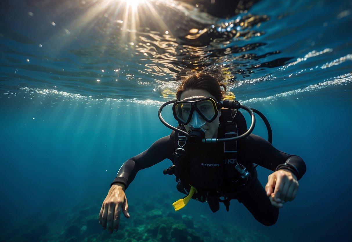 Underwater scene: Diver uses UV light, iodine, or filters to purify water. Bubbles rise around equipment. Sunlight filters through the water