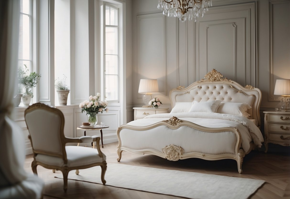 A white French-style bedroom with ornate furniture and delicate details