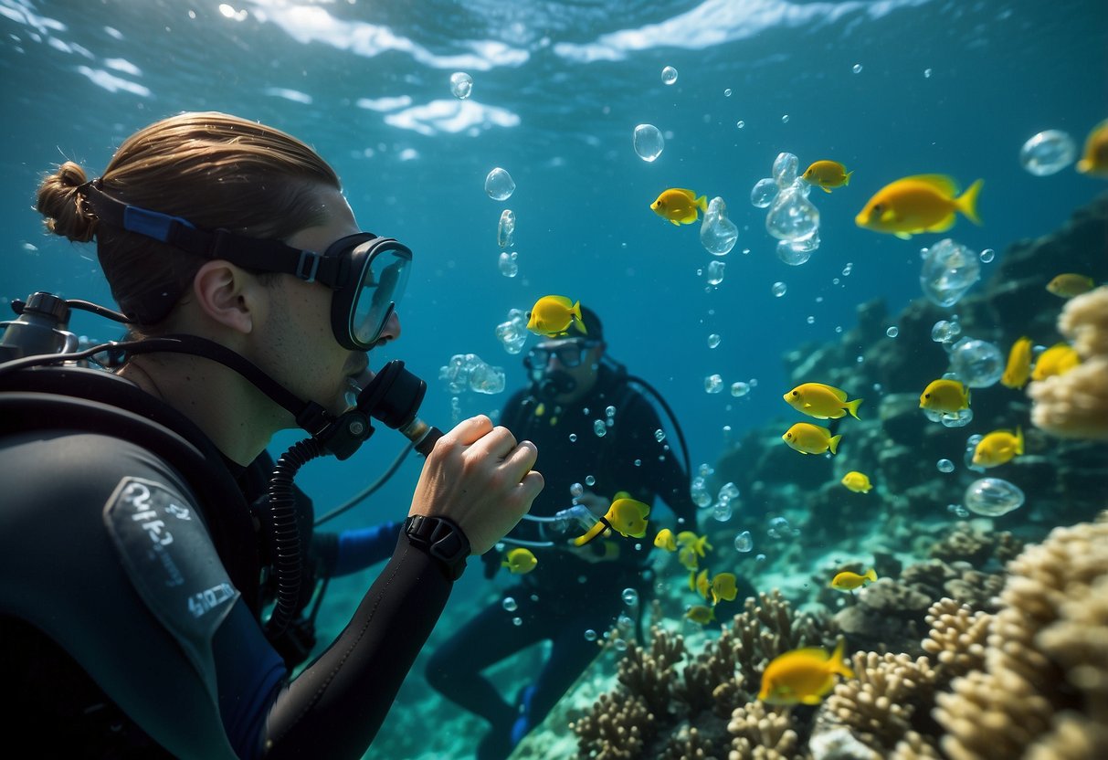 An underwater desalination unit filters seawater, with bubbles rising and purified water flowing out. The diver checks the unit's gauges and hoses while surrounded by colorful marine life