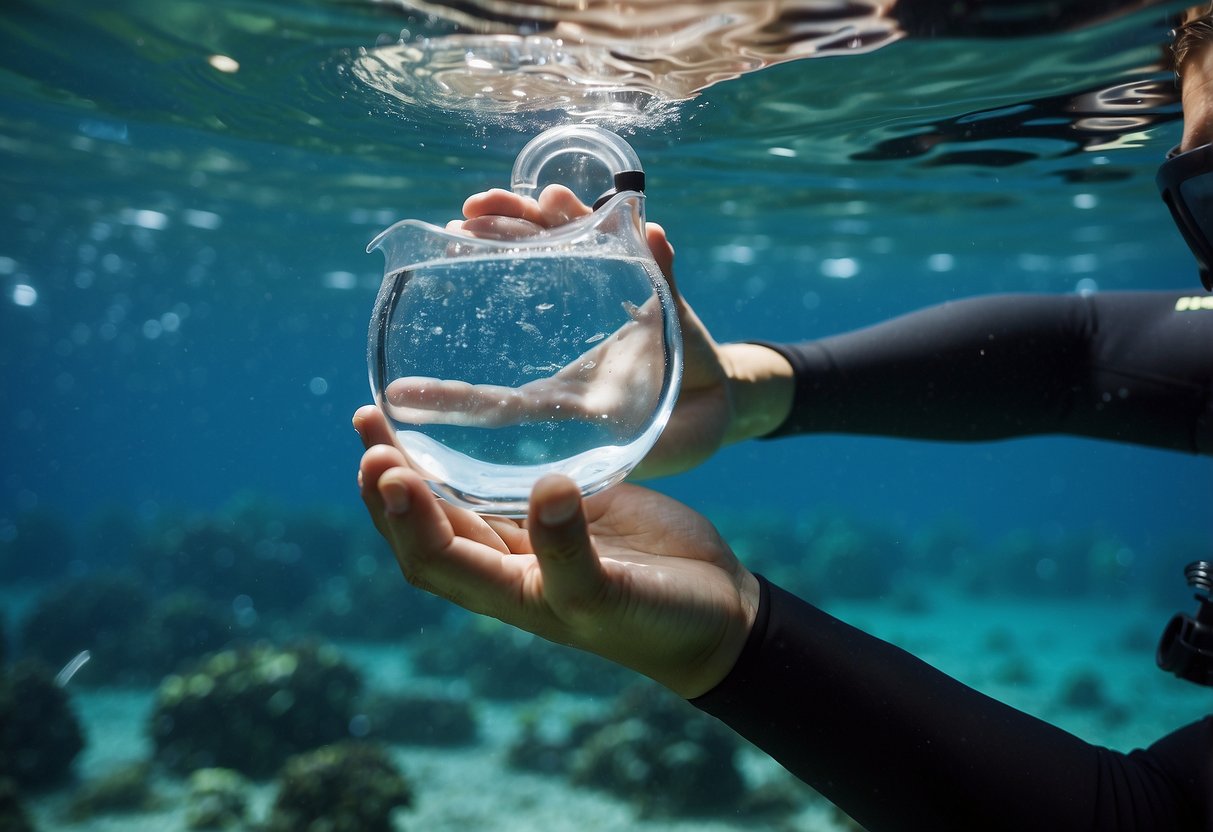 Crystal-clear water flows through a diver's hand, passing through a portable water filter. Bubbles rise as the filter purifies the water, surrounded by vibrant coral and marine life