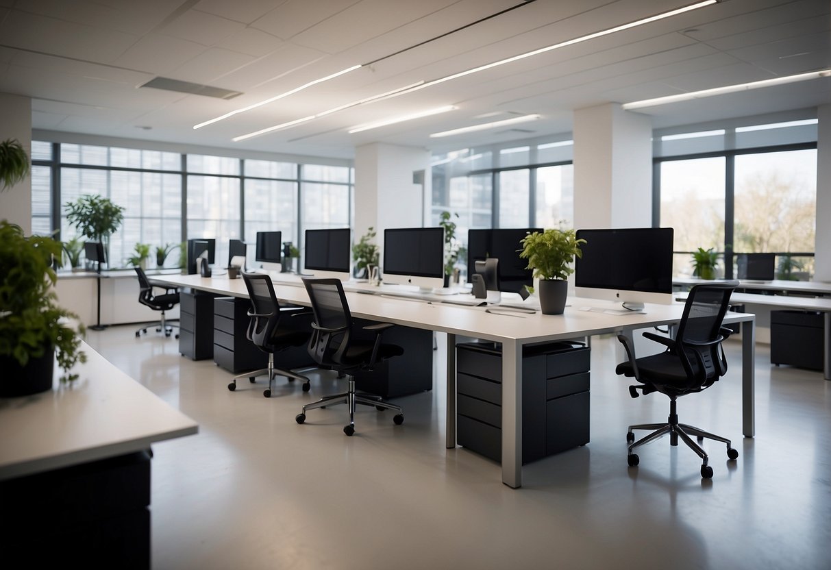 A spacious, modern office setting with sleek, ergonomic furniture arranged in a collaborative layout. Bright, natural lighting illuminates the space, creating an inviting atmosphere for creative work and collaboration