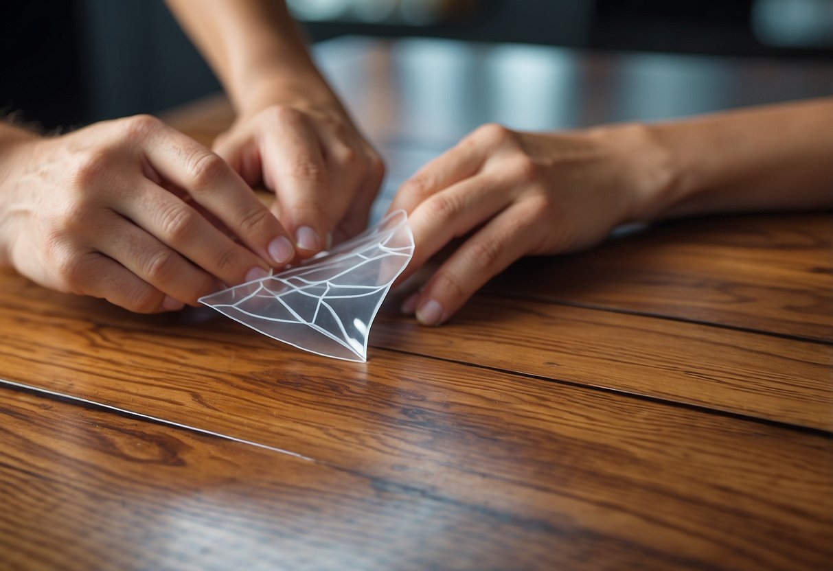 A hand peeling and applying vinyl stickers to a wooden table, followed by a close-up of the finished result