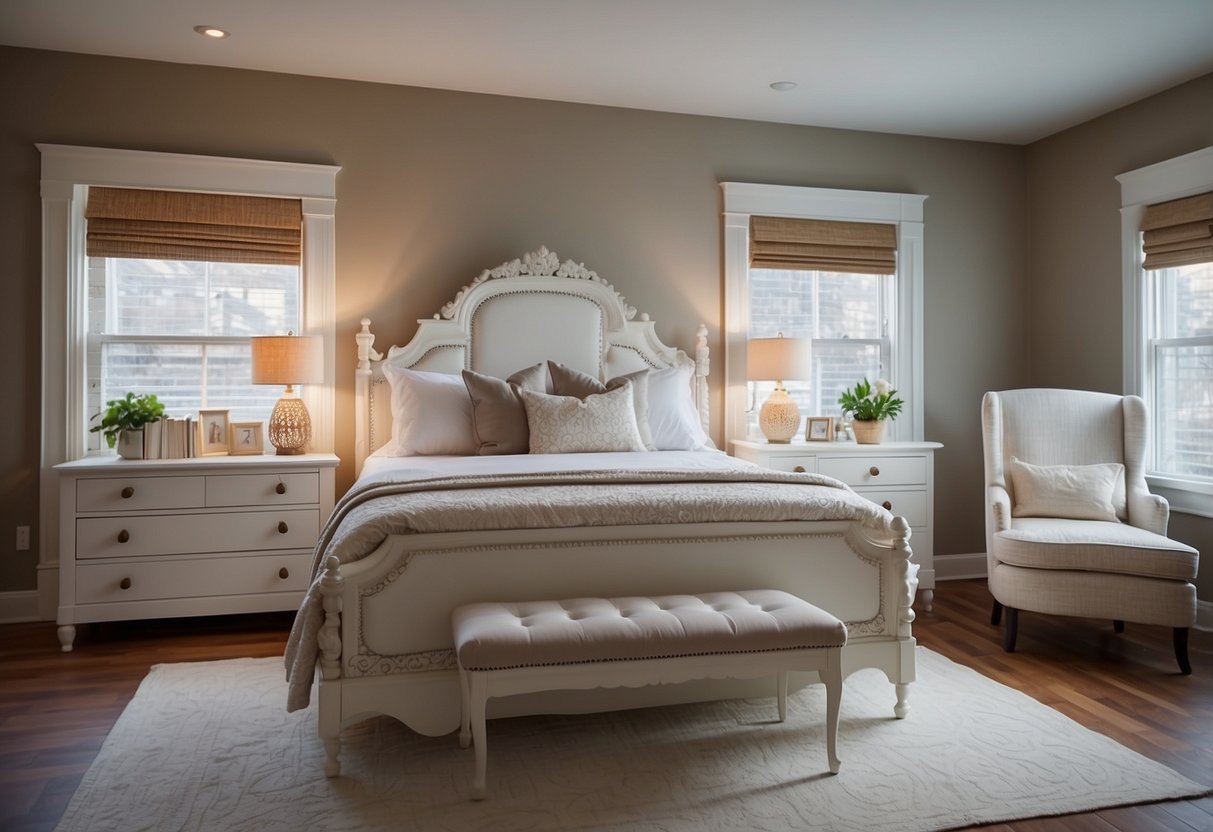 A cozy bedroom with ornate white furniture, including a carved bed frame, elegant dresser, and delicate nightstands. Soft, neutral bedding complements the serene atmosphere