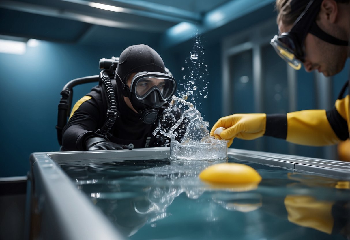 A diver places a chemical purification tablet into a container of water, bubbles rising as the tablet dissolves