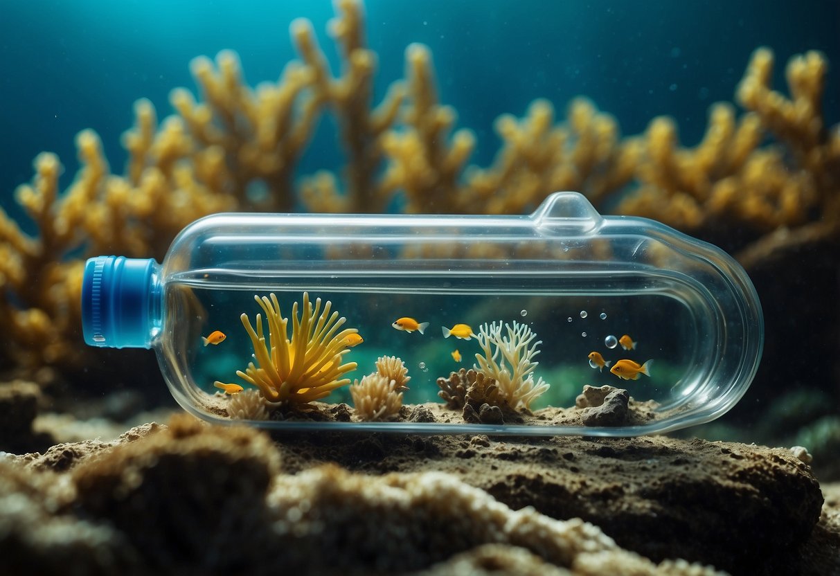 A clear water bottle with 10 filter options, surrounded by diving equipment, underwater plants, and marine life