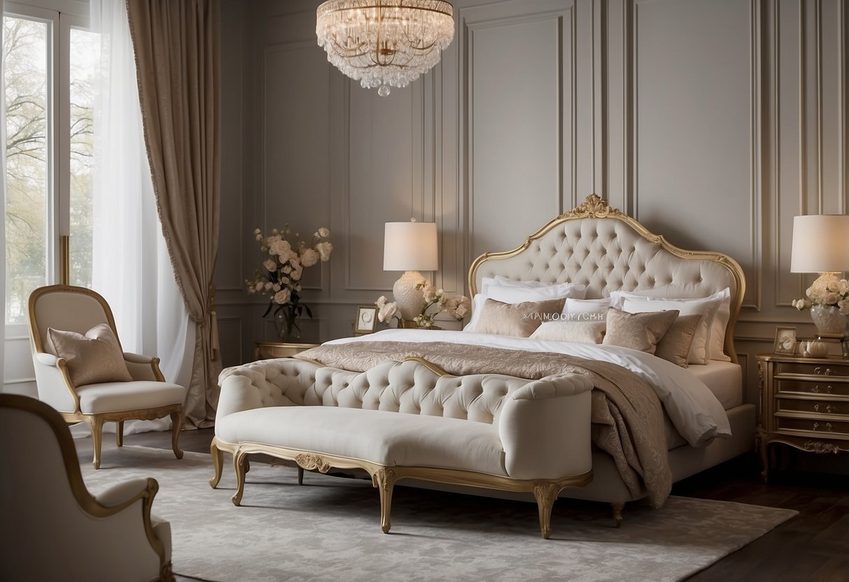 A luxurious white French-style bedroom set fills the room, with elegant details and high-quality craftsmanship. The furniture exudes a sense of sophistication and comfort, enhancing the overall ambiance of the space