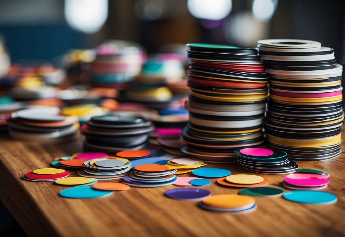 A stack of colorful vinyl stickers arranged on a wooden table, with various furniture pieces in the background