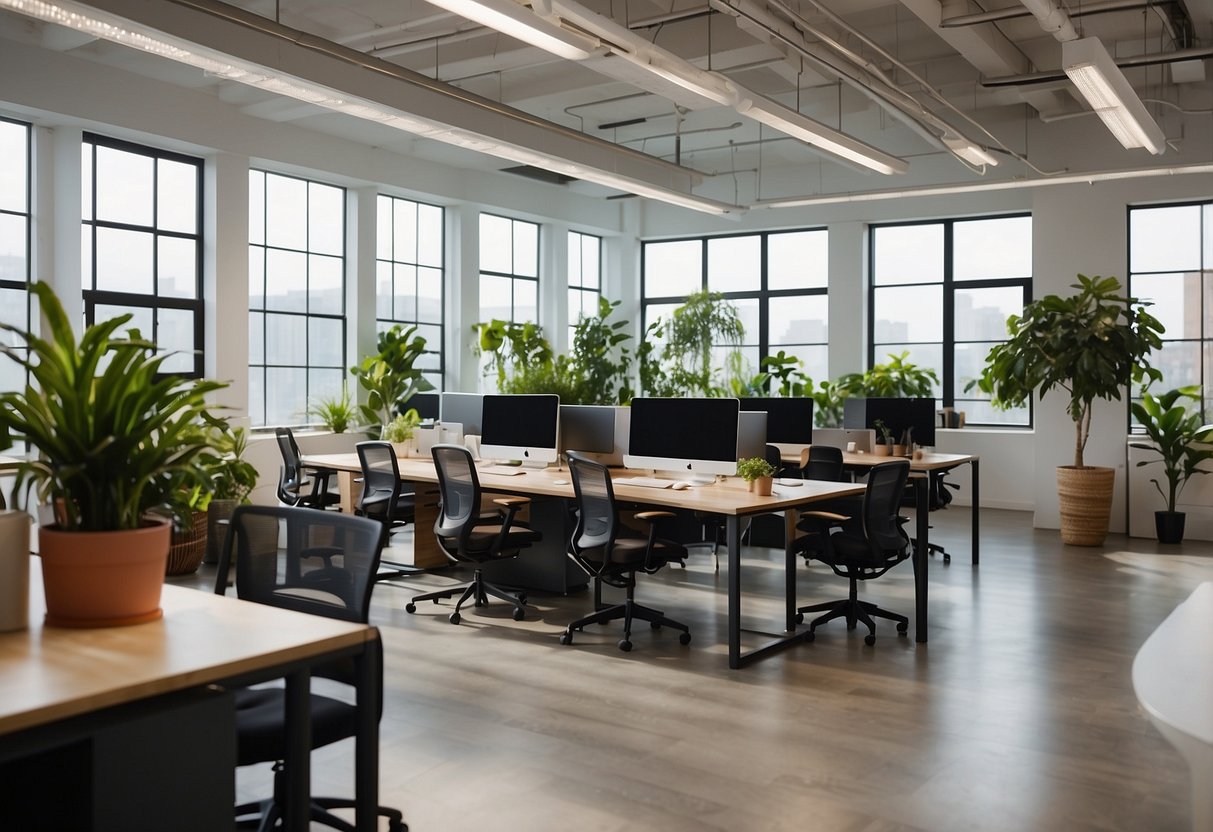 A modern office space with ergonomic furniture, natural lighting, and collaborative work areas. Plants and artwork add a touch of creativity to the space