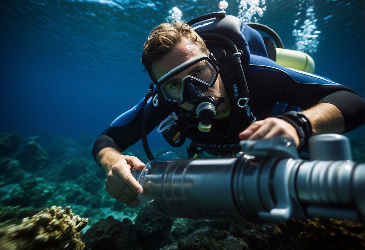 A diver attaches a portable reverse osmosis system to their tank, purifying water as they explore the ocean depths