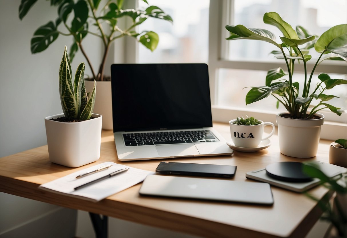 A pristine white IKEA desk sits against a sunlit window, adorned with neatly arranged stationery and a sleek laptop. A potted plant adds a touch of greenery to the modern workspace
