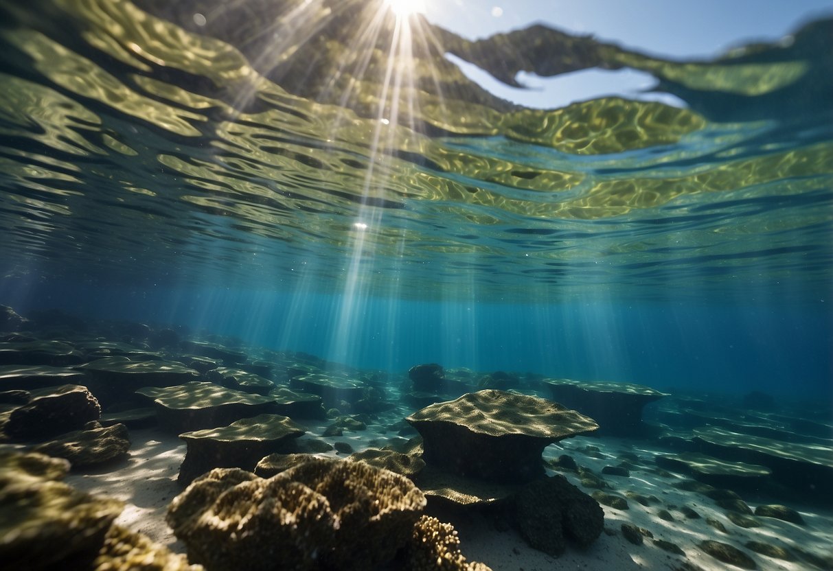 Clear water flows through 10 gravity-fed filters, purifying it for diving. Sunlight illuminates the underwater scene, highlighting the filters at work