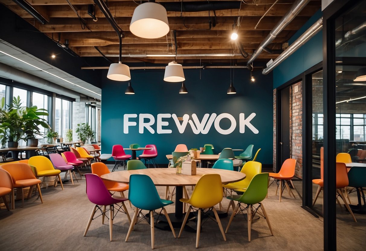 A stack of colorful chairs and tables with a "Frequently Asked Questions" sign on a WeWork furniture supplier's showroom wall