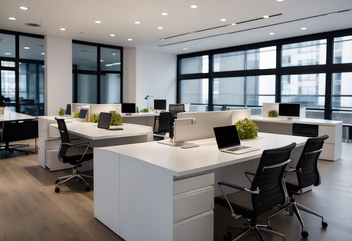 A variety of sleek and modern desks are displayed in a brightly lit showroom, with chairs and accessories arranged around them