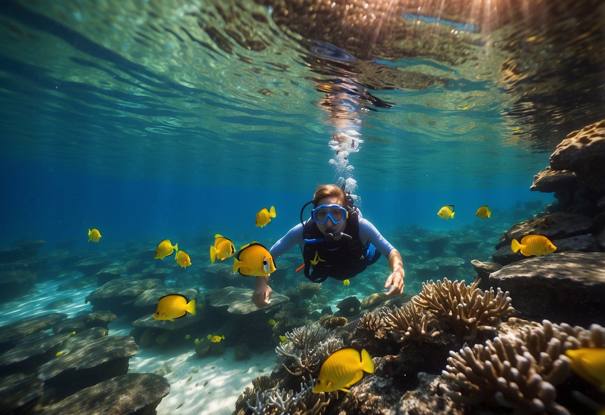 Children in colorful snorkeling gear explore a vibrant coral reef, guided by an adult. Bright fish swim around them as they follow safety protocols