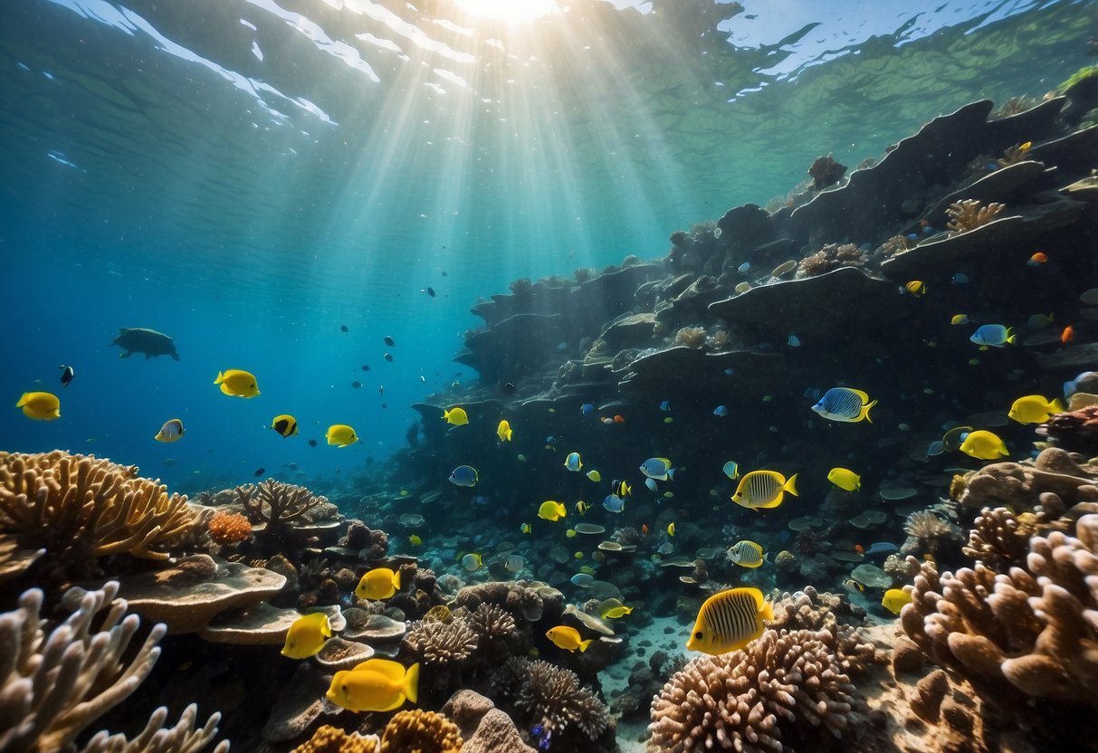 A colorful coral reef teeming with vibrant fish, surrounded by calm, clear waters. A family of divers explores the site, with children eagerly pointing out the marine life