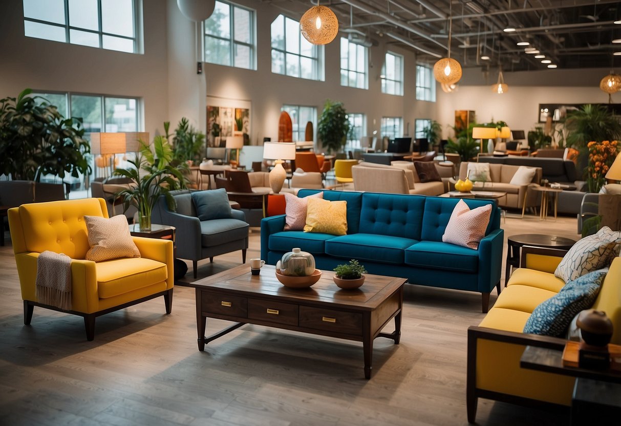 A spacious showroom filled with various furniture pieces on sale. Brightly colored signs advertise big deals on sofas, tables, and chairs