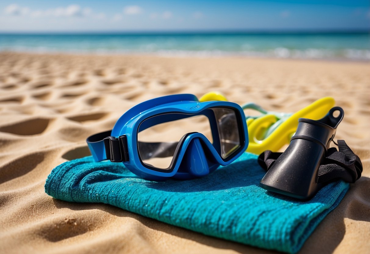 A child-sized diving mask, snorkel, and flippers lay neatly arranged on a sandy beach next to a colorful beach towel and a small waterproof bag. A child's hand reaches out to pick up the gear