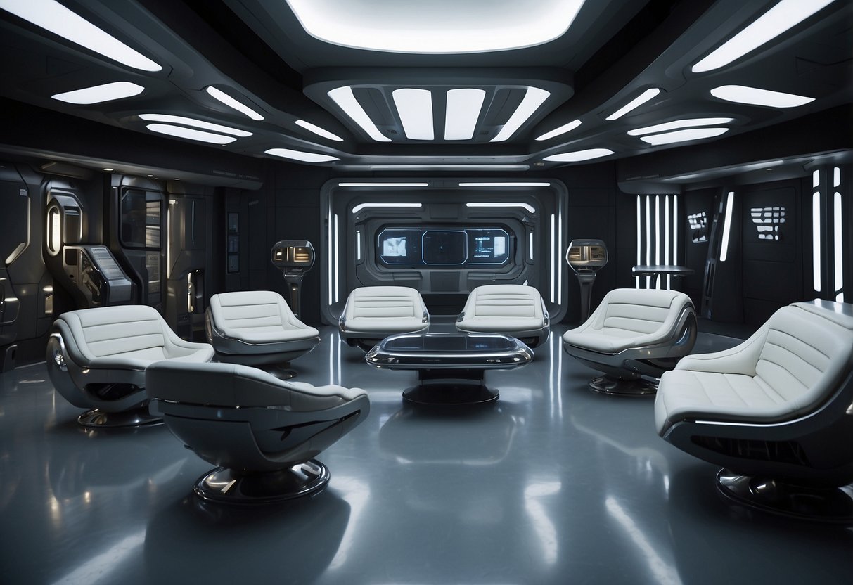 A room filled with futuristic furniture from the Star Wars universe, including sleek metal chairs, glowing tables, and high-tech storage units