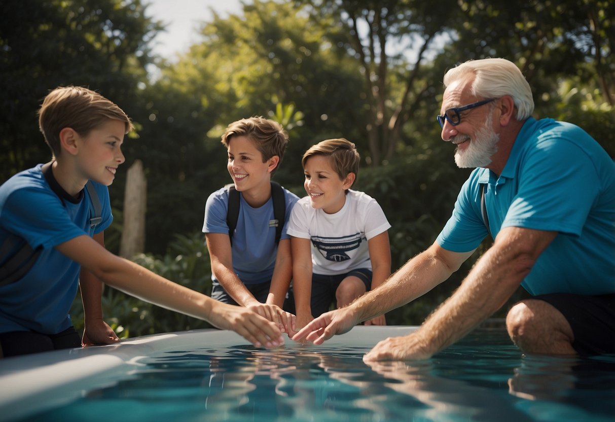 A group of children and adults gather around a diving instructor, who demonstrates proper diving techniques using visual aids and hand gestures