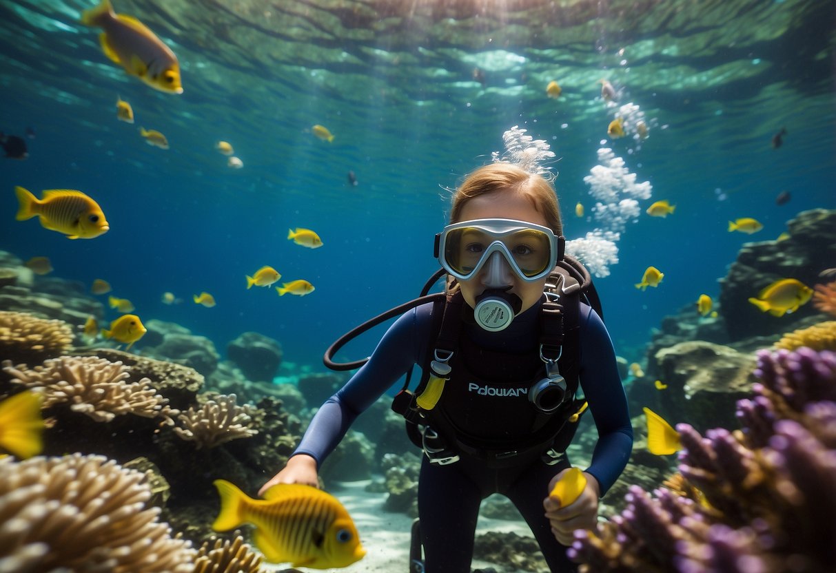 A child in diving gear, surrounded by colorful fish and coral, follows a guide's instructions. The session is brief and engaging