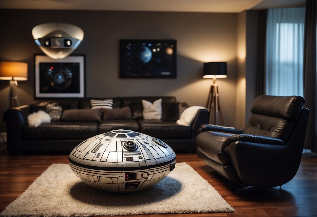 A living room with Star Wars-themed furniture: a Millennium Falcon coffee table, lightsaber-inspired floor lamps, and a Death Star bean bag chair