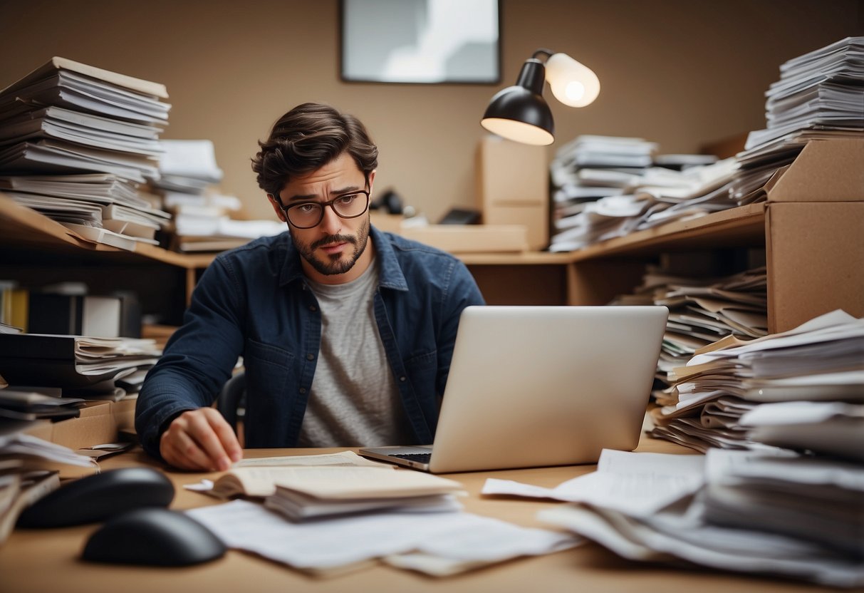 A cluttered desk with scattered papers, a laptop, and a stack of instruction manuals. A person looks frustrated while trying to assemble Ikea furniture