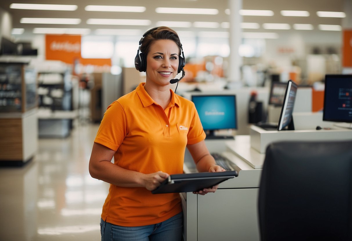 A busy customer service representative assists a line of customers with big lots furniture deals