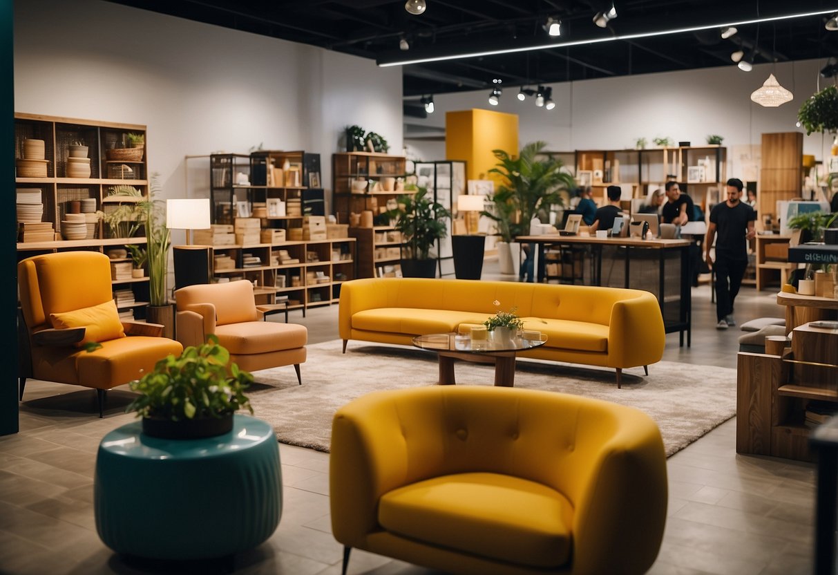 A colorful display of furniture with price tags, surrounded by customers browsing and staff assisting