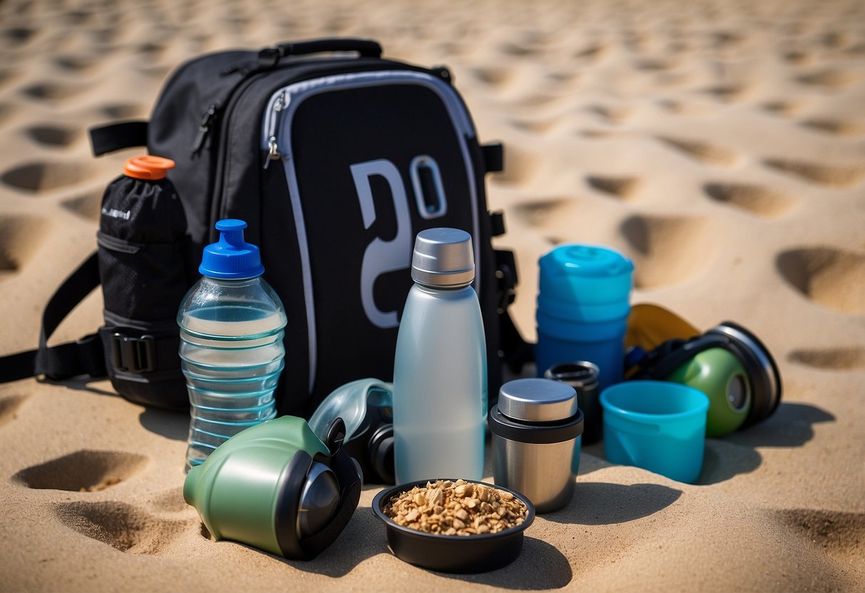 A diving bag with 5 labeled food containers, a water bottle, and a diving mask on a sandy beach