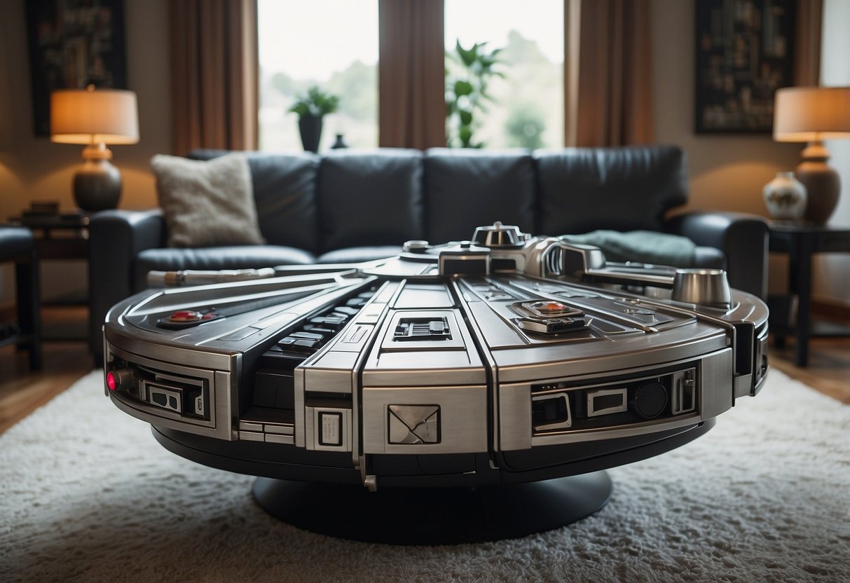 A living room with Star Wars-themed furniture: a Millennium Falcon coffee table, lightsaber-inspired floor lamps, and a Darth Vader recliner