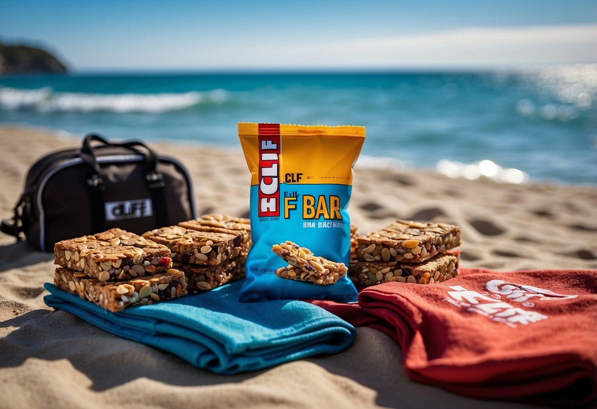 A colorful array of Clif Bar energy bars arranged on a beach towel alongside lightweight diving gear and a clear blue ocean backdrop