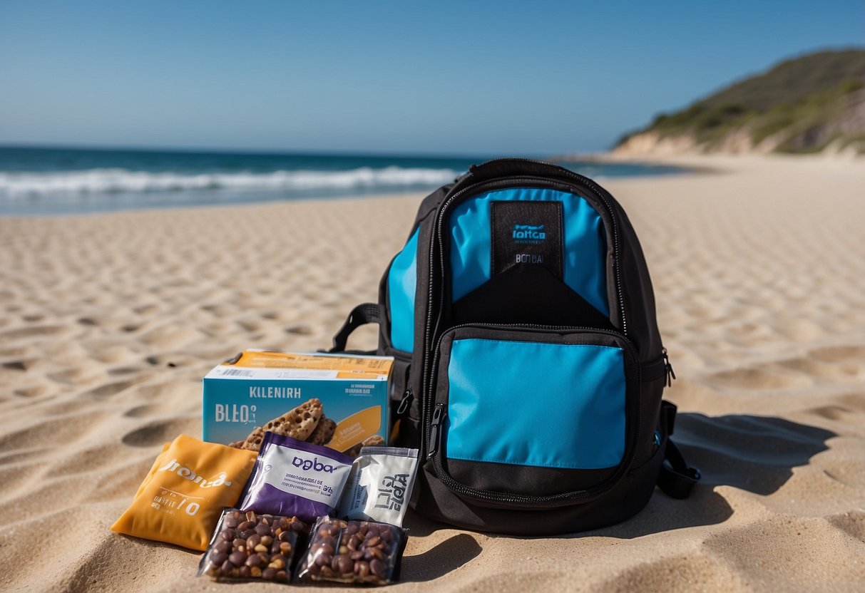 A diving bag open on a sandy beach, filled with RXBAR protein bars and other lightweight food options. Blue ocean in the background