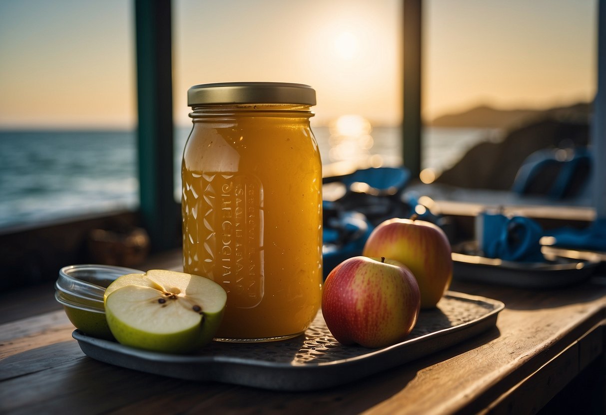 A jar of STAUD'S Apple Pear Sauce sits next to a selection of lightweight food options for diving trips. The scene is set against a backdrop of ocean waves and diving equipment