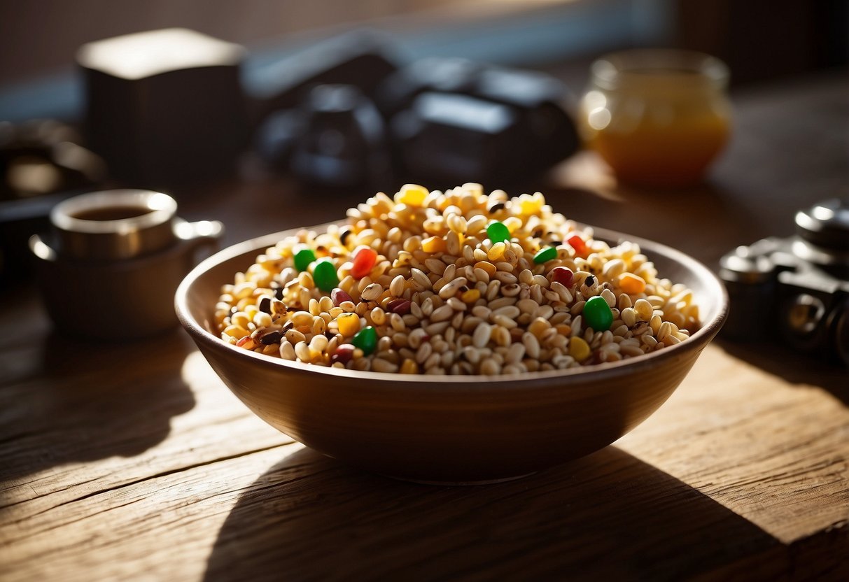 A colorful bowl of Kind Healthy Grains Clusters sits on a rustic wooden table, surrounded by diving gear and maps. Sunlight streams in through a nearby window, casting a warm glow on the scene