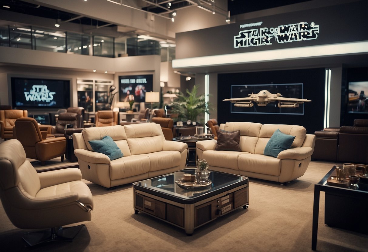 Star Wars furniture displayed in a showroom with a "Frequently Asked Questions" sign