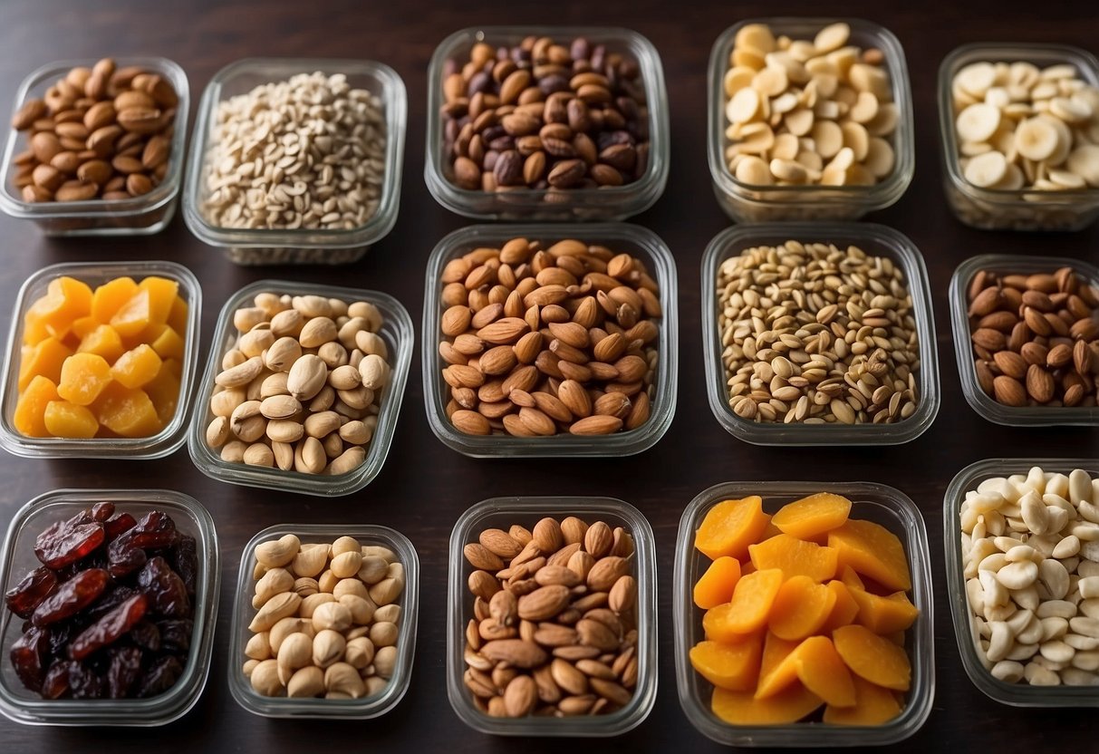 A table displays lightweight food options for diving trips: nuts, dried fruits, energy bars, jerky, and dehydrated meals