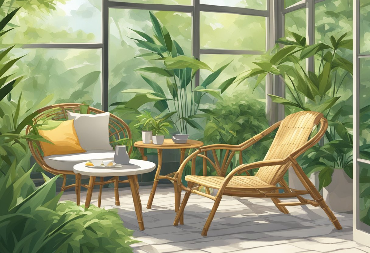 A bamboo chair and table sit on a sunny patio, surrounded by lush green plants. A gentle breeze rustles the leaves, creating a peaceful and inviting atmosphere