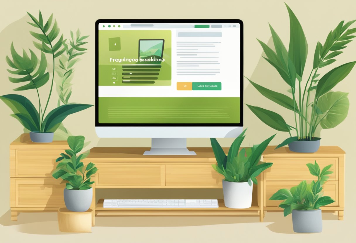 A computer screen displaying a webpage with "Frequently Asked Questions" about bamboo furniture. Bamboo furniture pieces are shown in the background