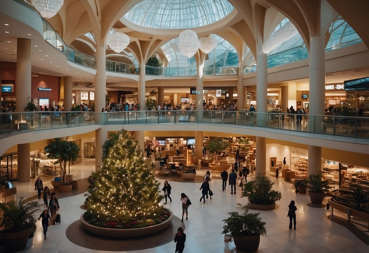 A bustling furniture mall with vibrant storefronts, large signage, and busy shoppers carrying bags. Bright lights illuminate the spacious interior filled with various furniture displays
