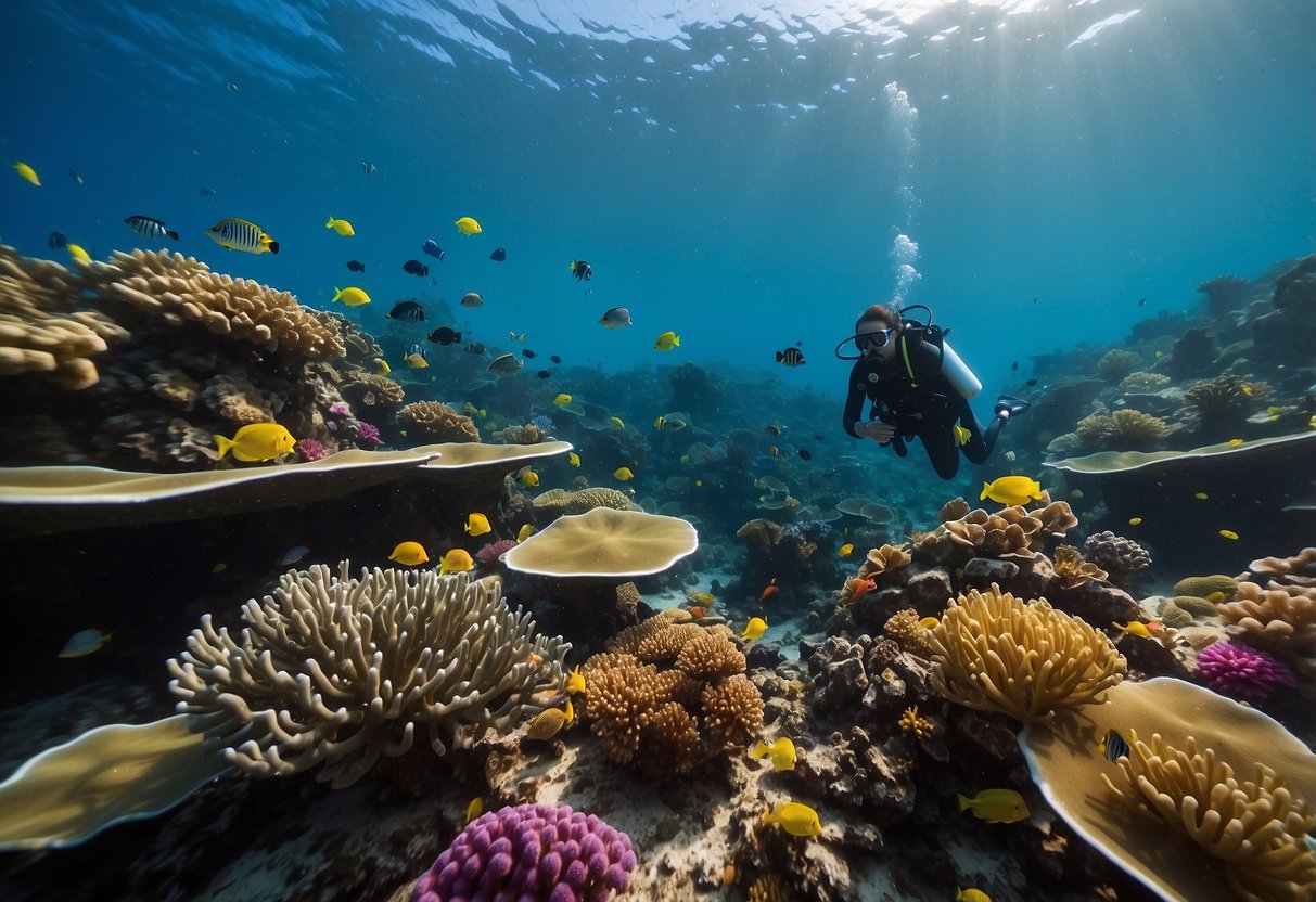 Divers approach a colorful coral reef, surrounded by a variety of marine wildlife. They maintain a respectful distance, observing the creatures with curiosity and awe