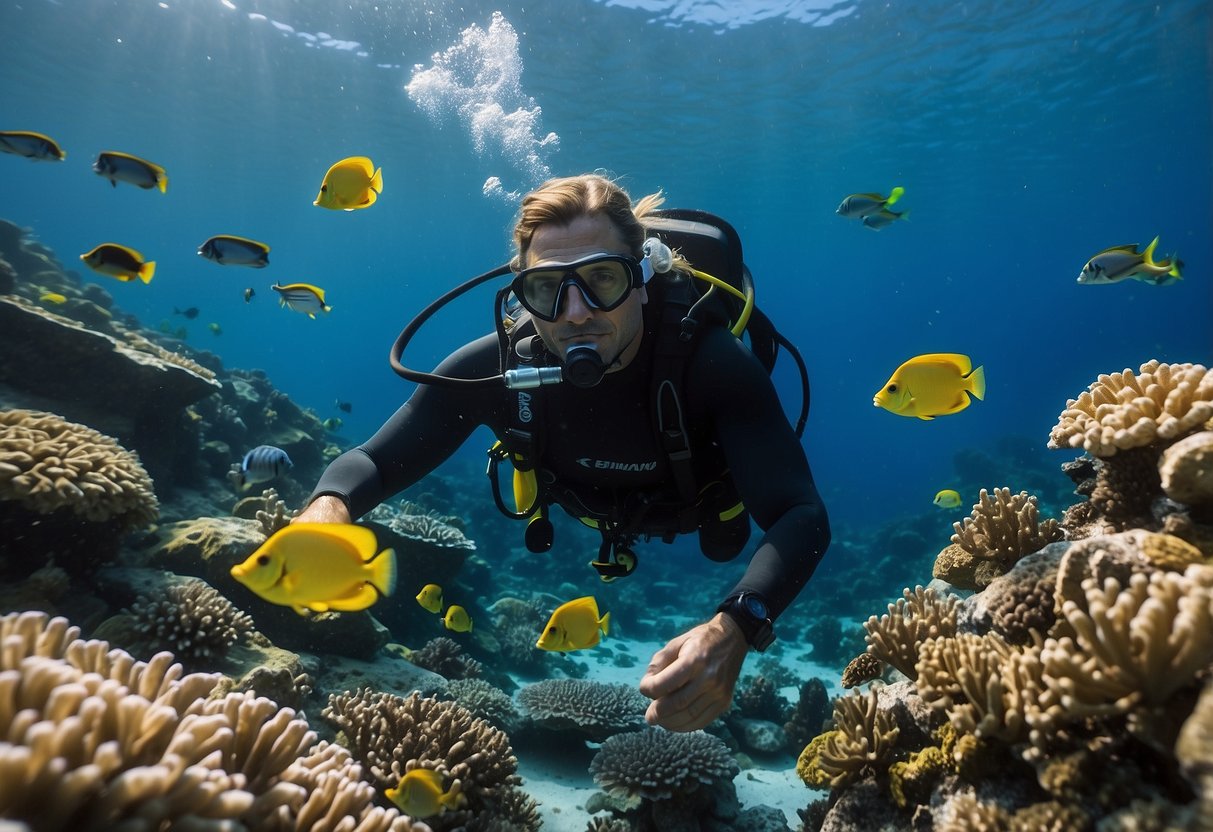 A diver peacefully observes marine wildlife, keeping a safe distance. A sea turtle gracefully swims by, while colorful fish dart in and out of coral reefs. The ocean floor is teeming with life