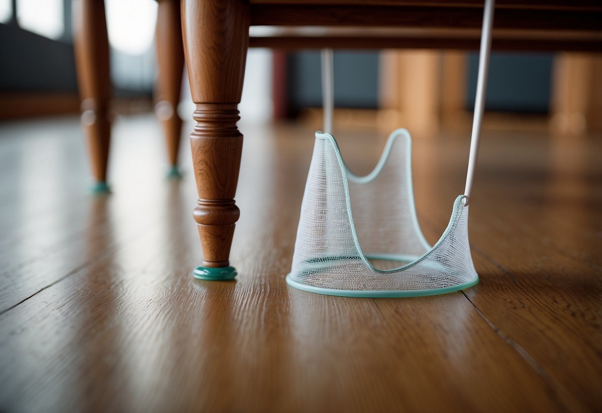Various furniture protectors placed under table legs and chair feet, preventing scratches on the floor