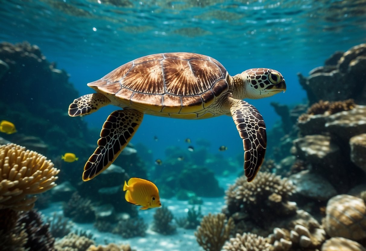 Underwater scene with diverse marine species, including fish, coral, and sea turtles. Divers interacting respectfully with wildlife, using proper identification techniques