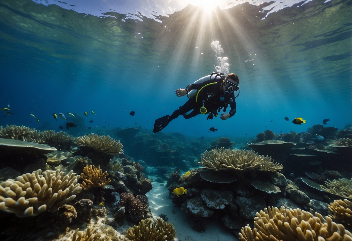 A diver peacefully observes a variety of marine wildlife, including colorful fish, graceful sea turtles, and majestic manta rays, while following local guidelines for respectful interaction