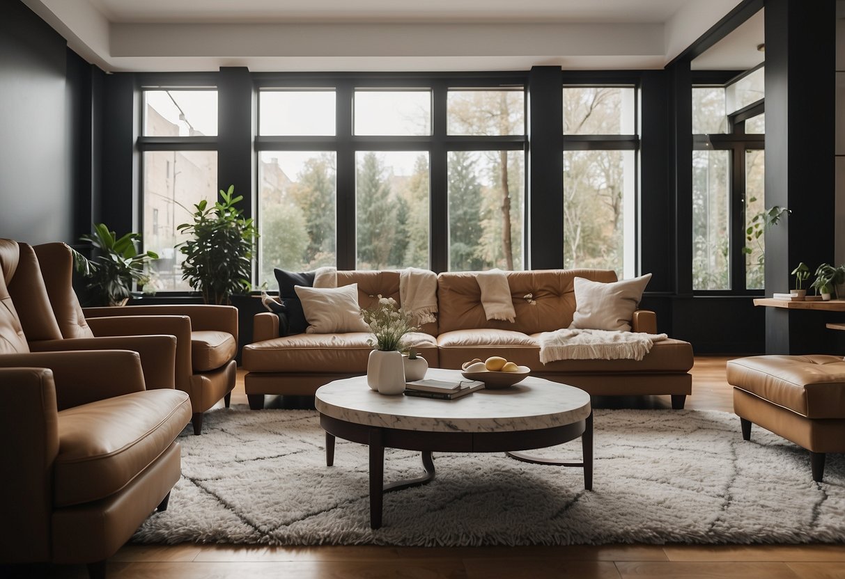 A living room with a sofa and chairs fitted with clear, non-slip furniture protectors underneath to prevent scratches and damage to the floors