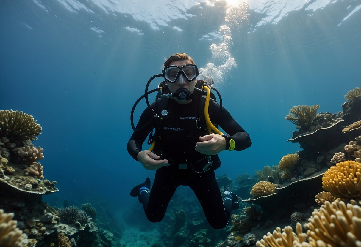 A diver hovers mid-water, adjusting buoyancy. Marine wildlife, including fish and coral, surrounds them. The diver maintains a respectful distance, observing without disturbing the creatures