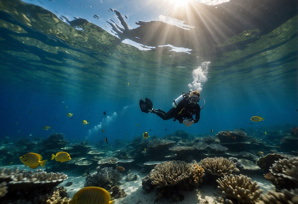 Underwater scene with marine wildlife, diver avoiding flash photography. Coral, fish, and other sea creatures in clear blue water