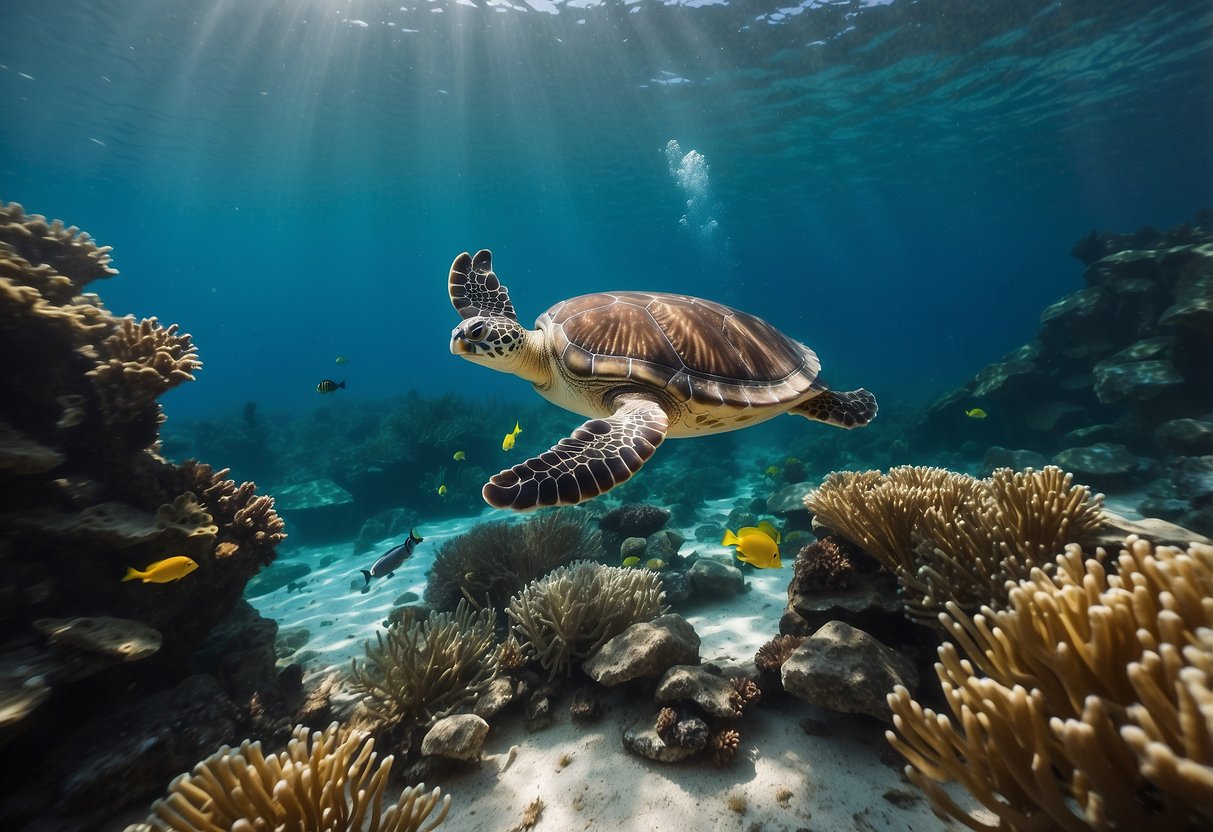 Marine animals swimming peacefully near feeding areas, divers respecting their space