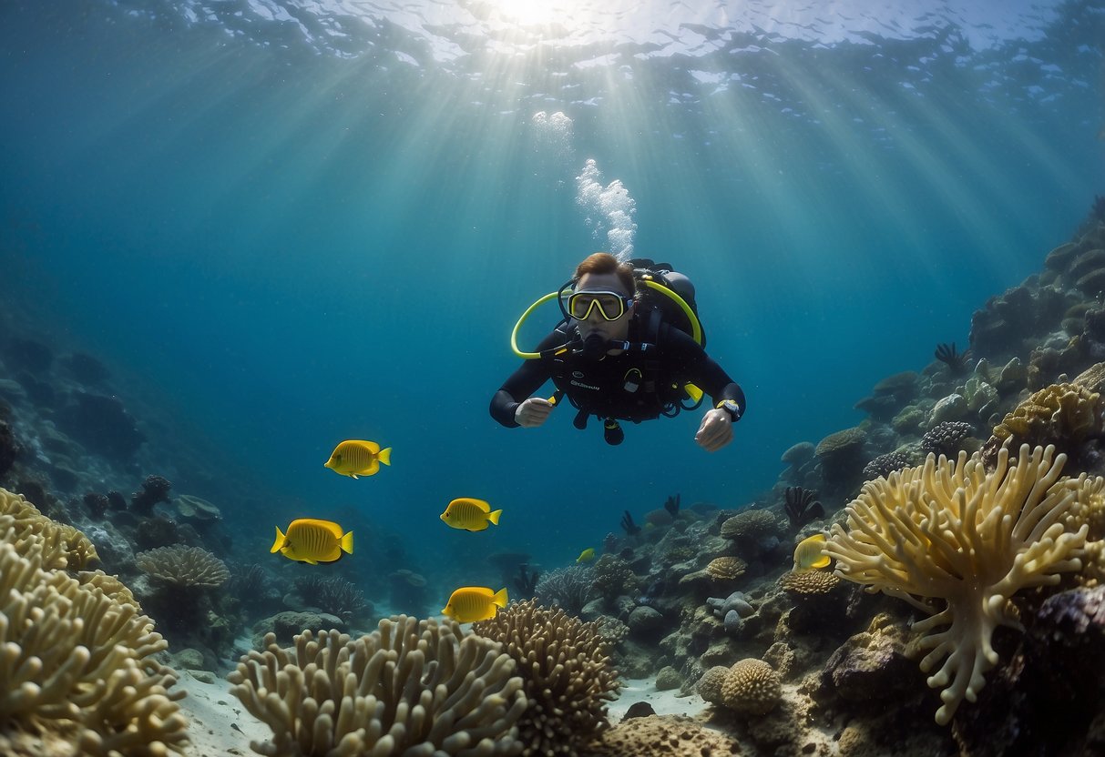 Marine animals swim gracefully among coral. A diver observes from a respectful distance, following guidelines for interacting with marine wildlife